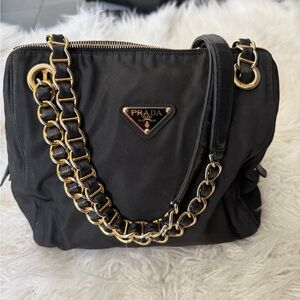 Prada Black Nylon Shoulder Bag with Gold Chain